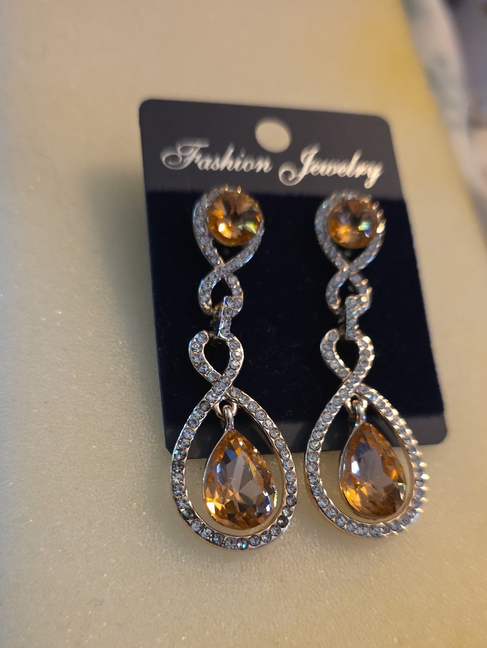 Fashion Jewelry Gold Tone Amber Teardrop Crystal Dangle Earrings